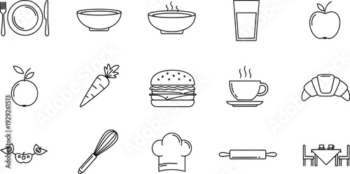 Set of 15 Food and Kitchen Line Icons Vector