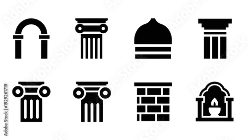 set of black silhouette architectural column capitals arches and brick wall icons in hand drawn style