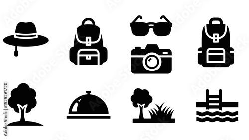 travel and outdoor activity icon set in black silhouette style including hat backpack camera sunglasses landscape and swimming pool