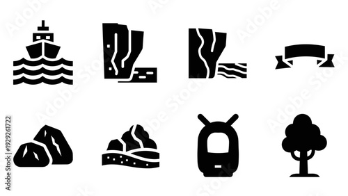 black silhouette nature and landscape icons set including ship river cliffs rocks backpack and tree in simple style