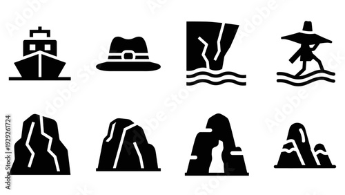 set of black silhouette sea and mountain icons including ship hat cliff hiker and various cliffs in simple flat style