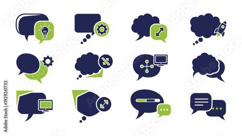 Idea Icon Pack: A collection of various idea icons, each contained within speech bubbles, symbolizing diverse concepts, designs and innovations.
