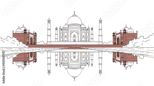 hand drawn taj mahal monument with reflection line art illustration for travel and architecture design