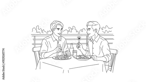 two men eating dinner together hand drawn line art illustration of social dining and friendship