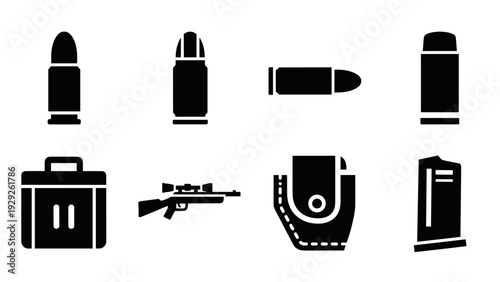 black silhouette bullet and rifle weapon icon set with ammo box and holster