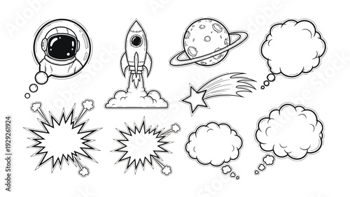 Cosmic Thought Bubbles: A collection of artistic space-themed thought bubbles, each offering a unique design from planets and stars to spaceships and astronauts.
