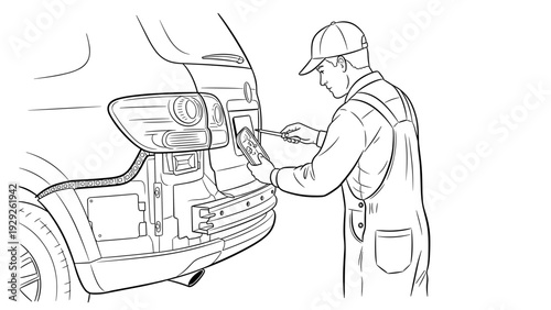 man repairing car tail light with screwdriver hand drawn outline illustration