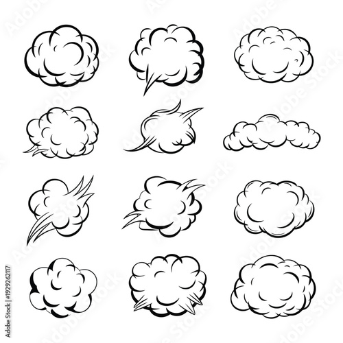 Comic Cloud Collection: A set of stylized comic clouds and speech bubbles, perfect for adding dynamic visual interest to any project, ready to create a pop effect and capture audience.