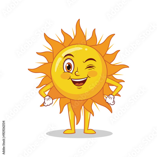 Smiling sun cartoon character winking with arms out on white background