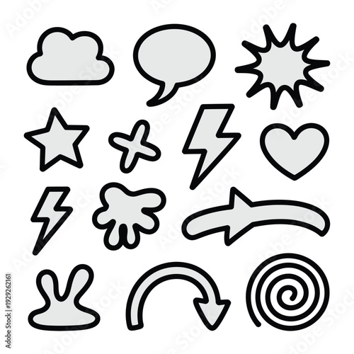 Pop Art Icons: A vibrant collection of comic book style graphic elements, perfect for adding a touch of flair to your creative projects.