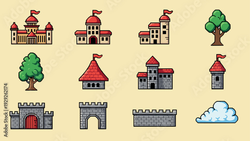 collection of hand drawn medieval castle buildings walls trees and cloud icons