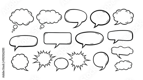 Speech Bubbles Collection: A dynamic assortment of speech bubbles and thought bubbles, a versatile graphic resource for conveying thoughts, ideas, and dialogue in various contexts.
