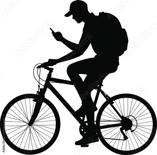 Cyclist silhouette riding bicycle with smartphone, modern urban lifestyle, multitasking behavior, safety concern, backpack design, transportation illustration, city commuting