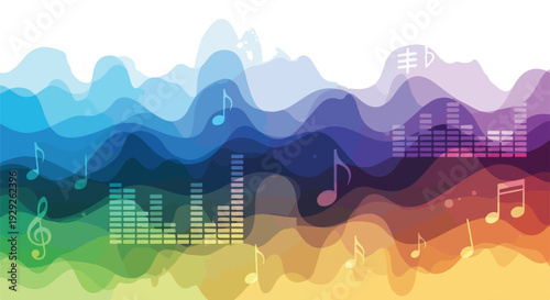 A vibrant, colorful abstract design featuring musical notes and sound waves