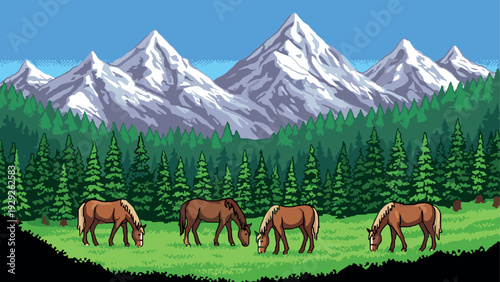 horses grazing in green meadow with pine forest and snow capped mountains hand drawn landscape illustration