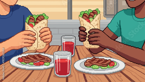 two people holding hand drawn pixel art shawarma wraps with plates and glasses of juice on wooden table in pixel art style