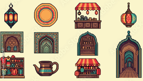 traditional middle eastern market elements set with lanterns pottery stalls and architectural doorways hand drawn illustration