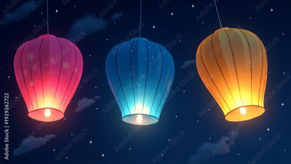 Fototapeta premium Pink blue orange lanterns glowing in starry night sky stars