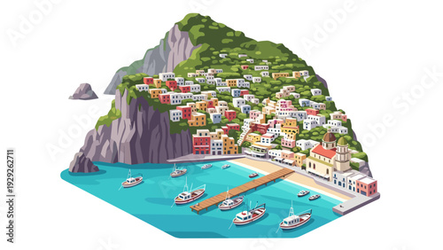 illustration of a coastal village with colorful houses boats and a mountain in a detailed flat style