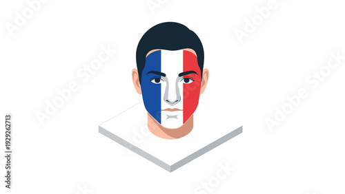 isometric male face with french flag colors painted on face flat vector illustration for sports and patriotism