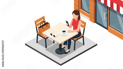 woman sitting alone at cafe table with phone coffee and shopping bag isometric illustration