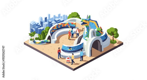 isometric park with colorful mosaic dragon sculpture and visitors in urban environment
