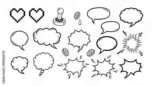Digital Comic elements collection: a dynamic ensemble of elements for graphic storytelling, including various speech bubbles, a retro joystick and pixelated hearts.