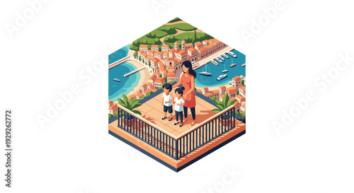 mother with two children standing on terrace overlooking coastal town harbor in isometric style