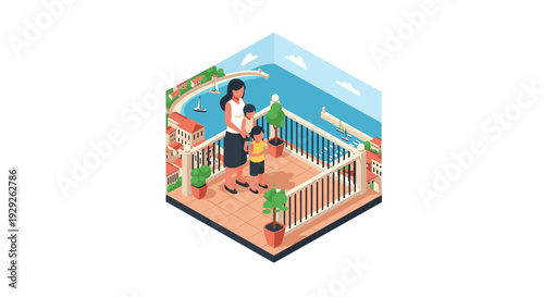 mother with two children on balcony overlooking coastal town isometric vector illustration