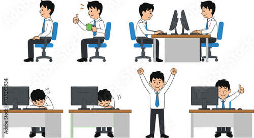 Businessman character vector set showing various office work situations including sitting at desk, working on computer, success celebration, and feeling tired or exhausted.