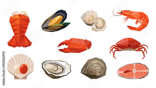 set of hand drawn polygonal style seafood illustrations lobster claw crab mussel shrimp oyster and salmon slice