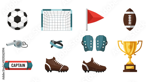 collection of football soccer sport equipment icons in flat style including ball goal whistle cleats trophy and captain armband