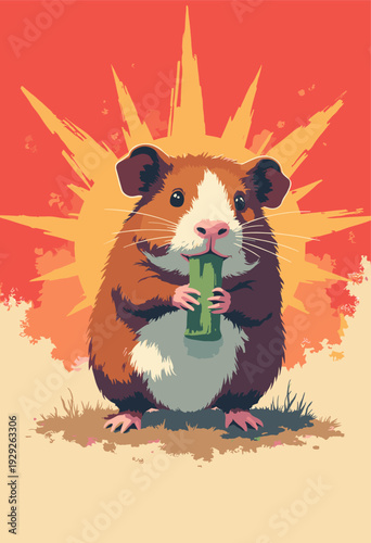 Guinea Pig eating piece celery intensity general smoking cigar Furrowed brow, sharp manga shading Background features radiating Sovietstyle sunbursts made solid red ink Blank space bottom