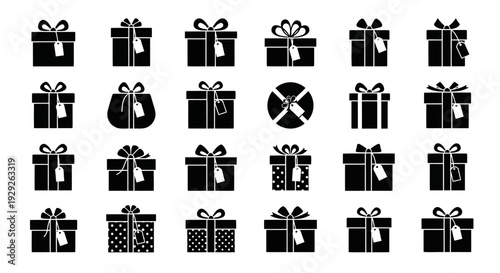 Collection of various gift boxes and presents in black and white icons for gifting and presents
