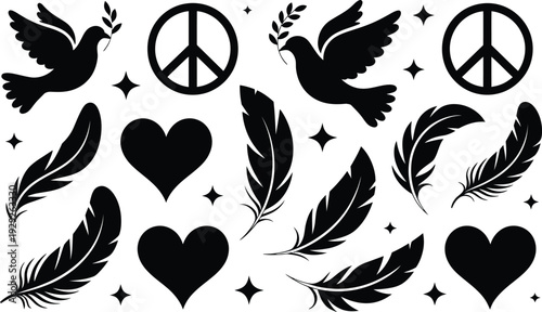 Peace dove flying with olive branch and heart symbols vector illustration for love harmony and global unity