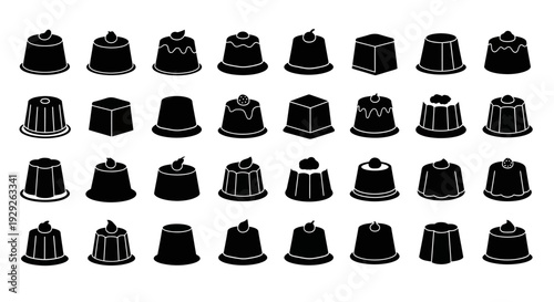 Black silhouette icons of assorted cakes and desserts on white background for baking and food concepts