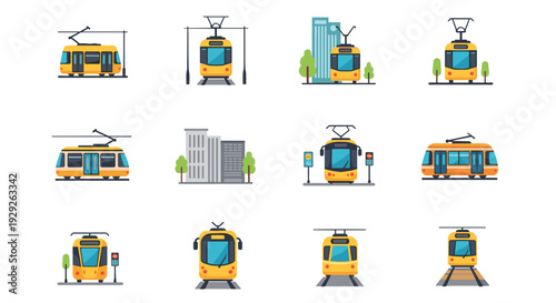 set of yellow tram icons with urban background in flat style for transportation design