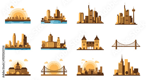 collection of hand drawn city skylines buildings and bridges with sunset background in flat style