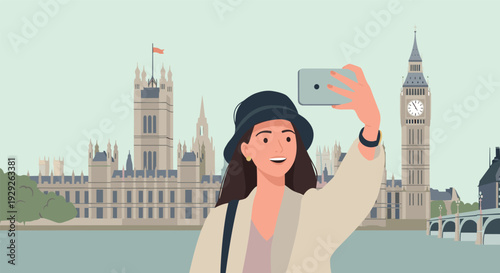 young woman taking selfie in front of big ben and houses of parliament london travel flat illustration