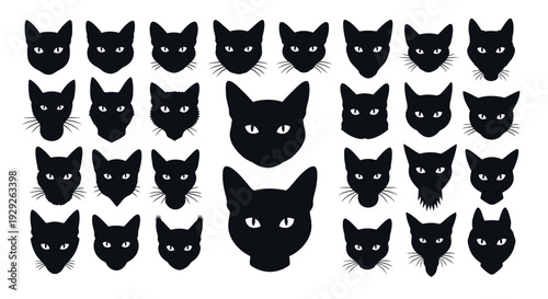 Collection of black cat faces in various expressions on white background for design use