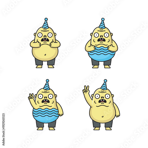 Cartoon character in party hat making different gestures with copy space