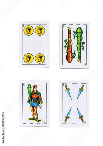 Traditional vintage Spanish playing cards isolated on a white background.