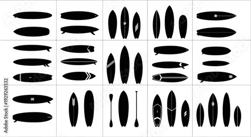 Collection of various black surfboard silhouettes on white background different shapes and designs surfing equipment water sports adventure recreation