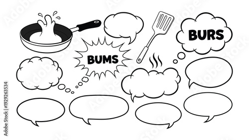 Sketch Cooking Comic: A lively cartoon illustration of cooking, featuring a bubbling pan and various speech bubbles, all in a black and white sketch style.