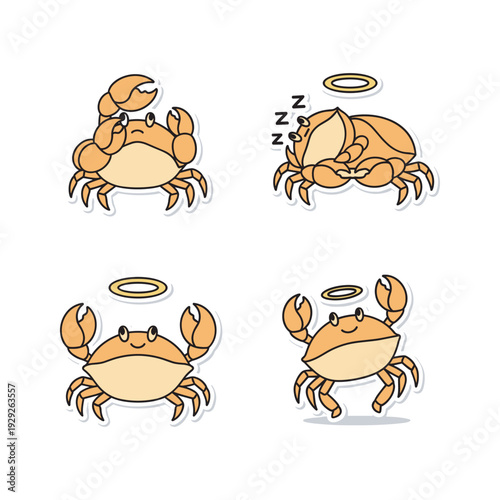 Cartoon crabs with halo sleeping and awake in various poses on white background