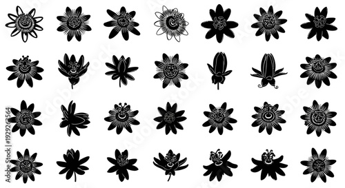 Black floral icons set with various flower designs on white background for decoration and design
