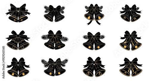 Collection of 12 black bows with gold accents on white background ribbon bow set for gift wrapping and decoration