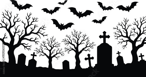 Halloween graveyard silhouette with bats flying, spooky cemetery landscape, haunted trees and tombstones isolated on white background illustration