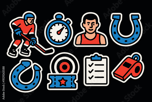 set of sports and competition icons in hand drawn style featuring ice hockey player stopwatch athlete horseshoes ticket checklist and whistle