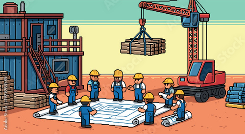 construction workers with hard hats examining blueprint on site with crane and building materials hand drawn cartoon